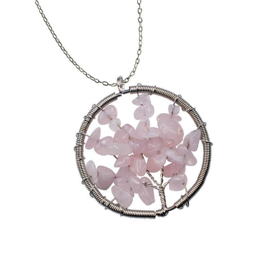 The Tree of Life Healing Natural Gemstone Pendant Necklace - Rose Quartz