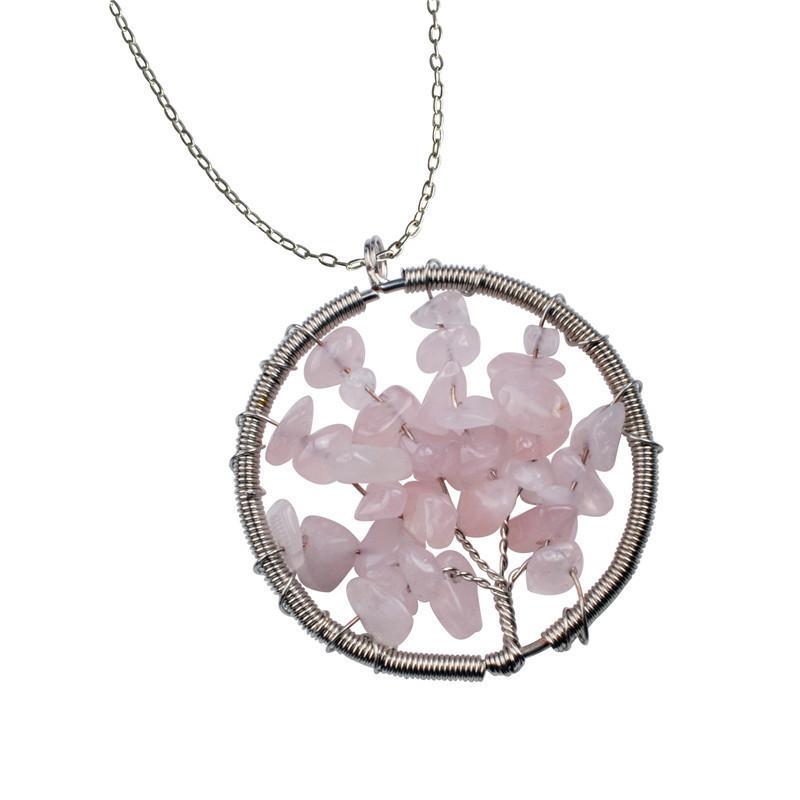 The Tree of Life Healing Natural Gemstone Pendant Necklace - Rose Quartz