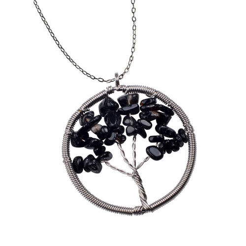 The Tree of Life Healing Natural Gemstone Pendant Necklace -  Black Onyx