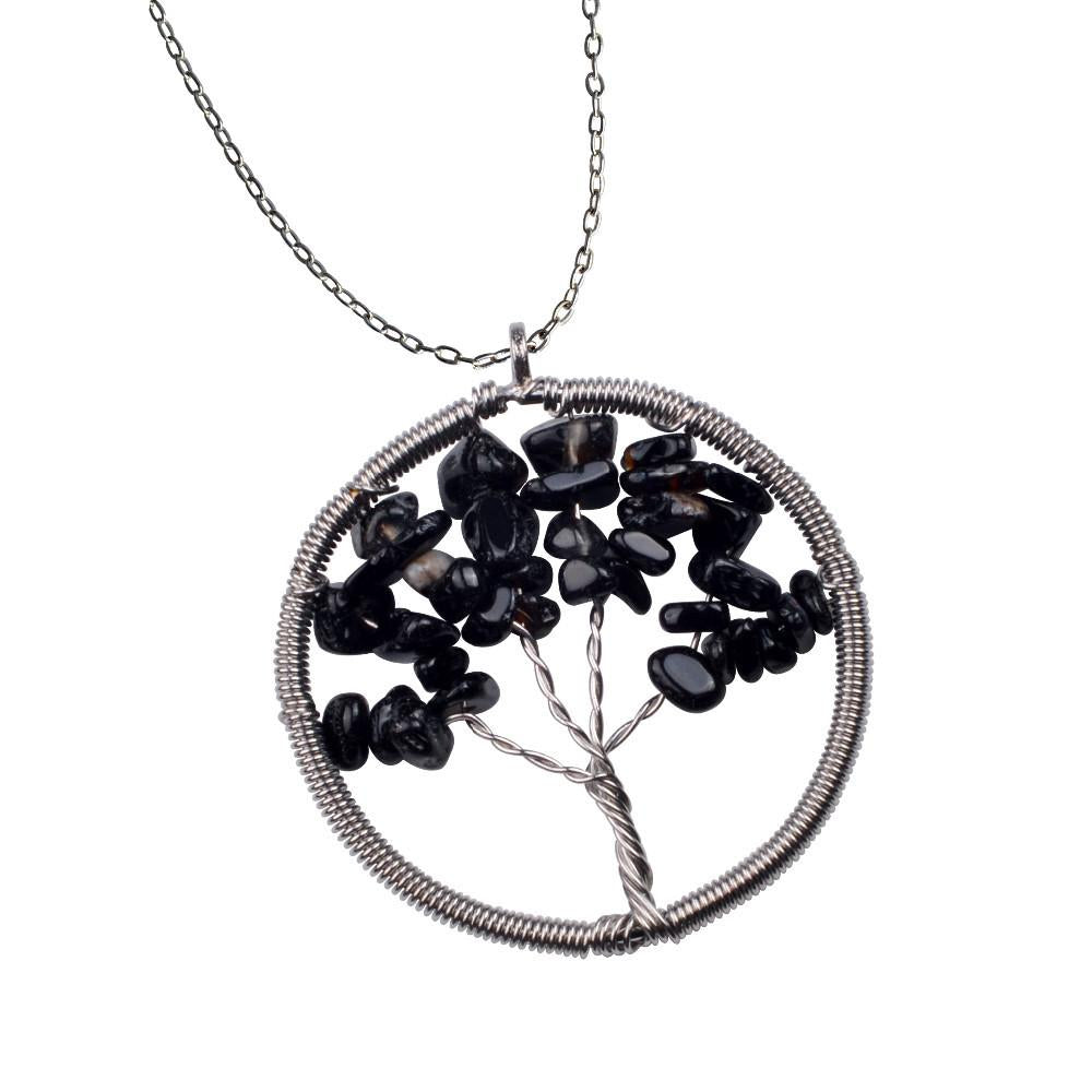 The Tree of Life Healing Natural Gemstone Pendant Necklace -  Black Onyx