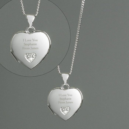 Personalised Sterling Silver and Cubic Zirconia Heart Locket Necklace