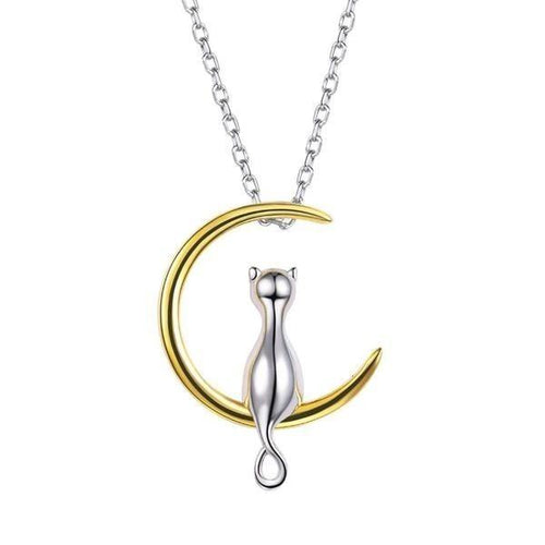 925 Sterling Silver Cat On The Moon Pendant/Necklace