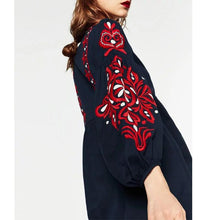 Load image into Gallery viewer, Vintage Ethnic Embroidery Dress/Drawstring Round Neck Lantern Sleeve Long Dress