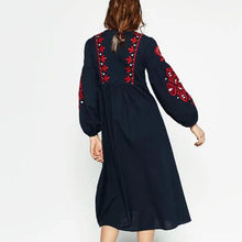 Load image into Gallery viewer, Vintage Ethnic Embroidery Dress/Drawstring Round Neck Lantern Sleeve Long Dress