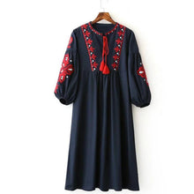 Load image into Gallery viewer, Vintage Ethnic Embroidery Dress/Drawstring Round Neck Lantern Sleeve Long Dress