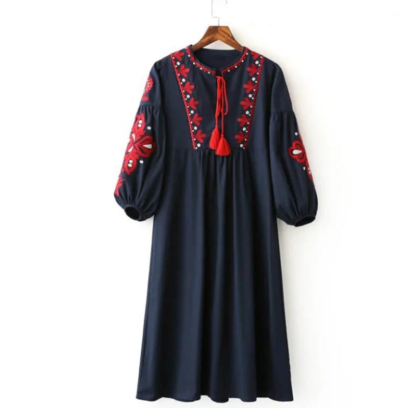 Vintage Ethnic Embroidery Dress/Drawstring Round Neck Lantern Sleeve Long Dress
