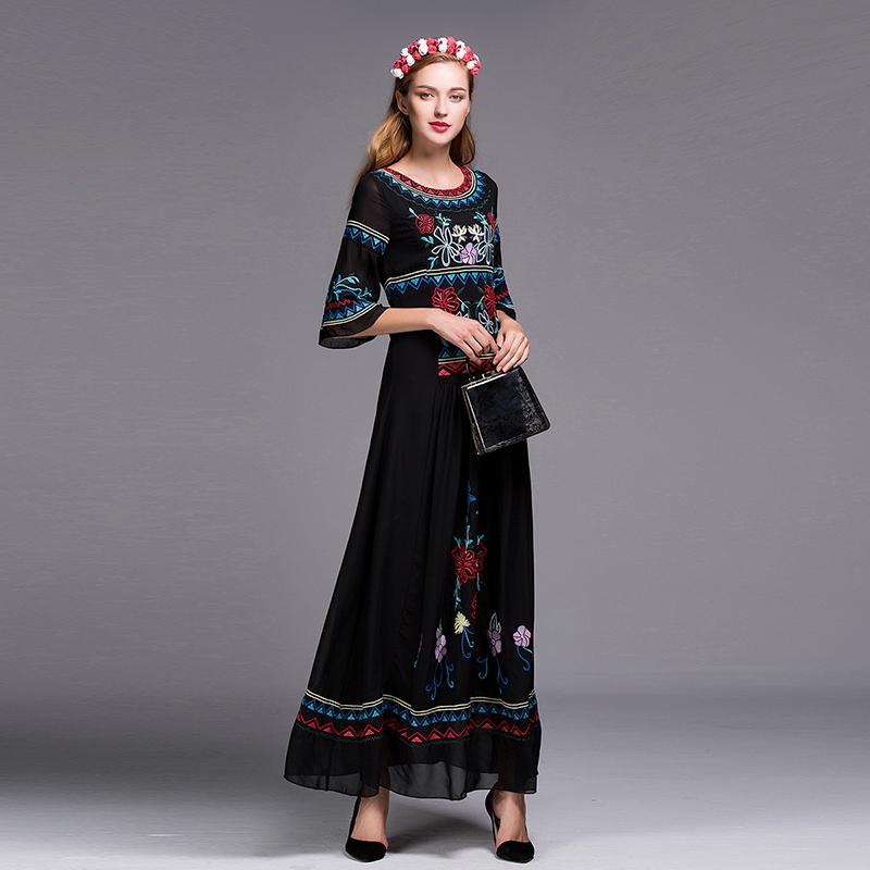 Bohemian/ Slavic Long Fashion Dress/Embroidery Floor-Length Elegant Ethnic Dress