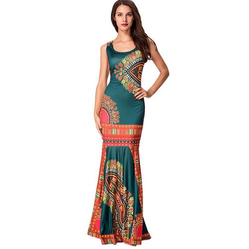 Ethnic Floral Print Maxi Boho Dress/Sleeveless Tank Dress/Mermaid Long Dress