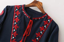 Load image into Gallery viewer, Vintage Ethnic Embroidery Dress/Drawstring Round Neck Lantern Sleeve Long Dress