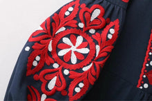 Load image into Gallery viewer, Vintage Ethnic Embroidery Dress/Drawstring Round Neck Lantern Sleeve Long Dress