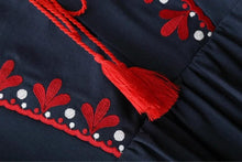 Load image into Gallery viewer, Vintage Ethnic Embroidery Dress/Drawstring Round Neck Lantern Sleeve Long Dress