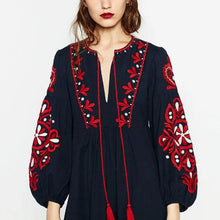 Load image into Gallery viewer, Vintage Ethnic Embroidery Dress/Drawstring Round Neck Lantern Sleeve Long Dress
