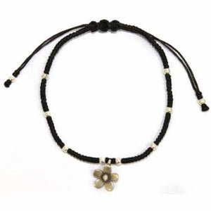 Black waxed &amp; Silver Flower Bracelet